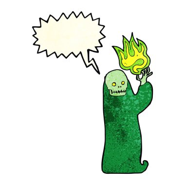 Cadılar Bayramı hortlağını konuşma balonuyla sallayan çizgi film.