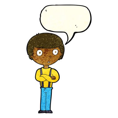 Çizgi filmdeki kolları katlanmış, konuşma balonlu çocuk.