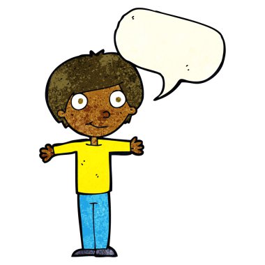 çizgi film mutlu çocuk konuşma baloncuğu ile kollarını açık