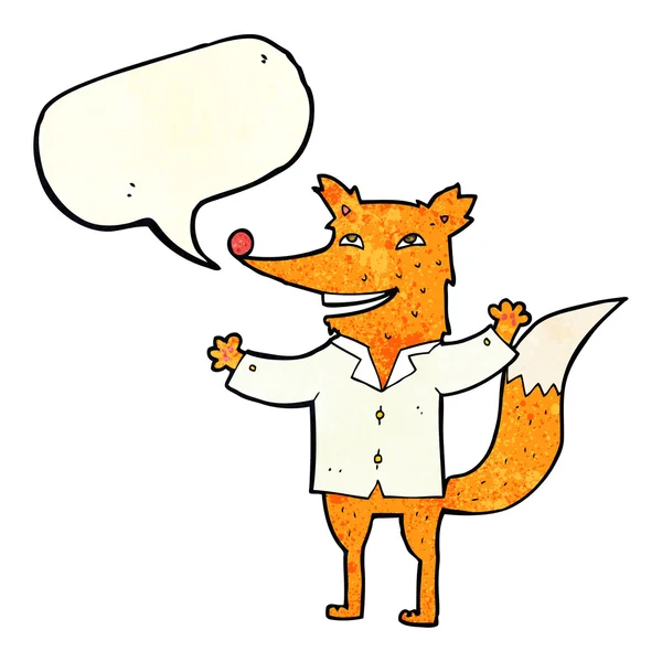 Cartoon happy fox wearing shirt with speech bubble — Stock Vector