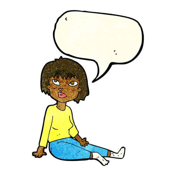 Cartoon vrouw zittend op de vloer met tekstballon — Stockvector