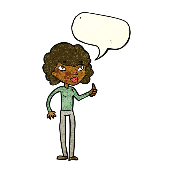 Karikatür kadını konuşma baloncuğu ile baş parmak işareti yapıyor. — Stok Vektör
