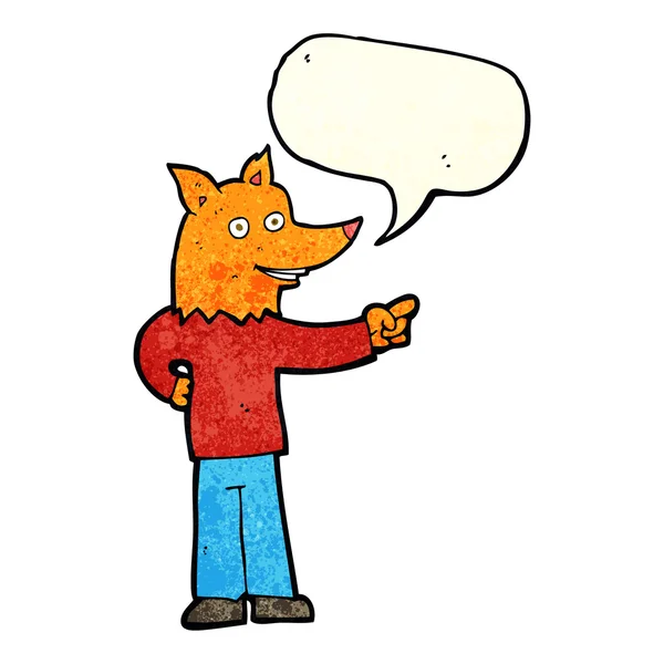 Dibujos animados hombre zorro señalando con la burbuja del habla — Vector de stock