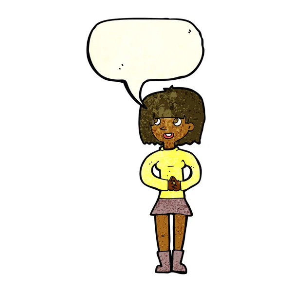 Φιλικό γυναίκα κινουμένων σχεδίων με το συννεφάκι λόγου — Διανυσματικό Αρχείο