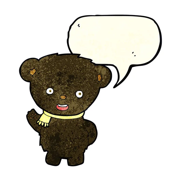 Cartoon black bear waving with speech bubble — Stock Vector