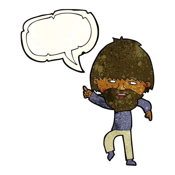 Hombre barbudo de dibujos animados señalando y riendo con la burbuja del habla — Vector de stock