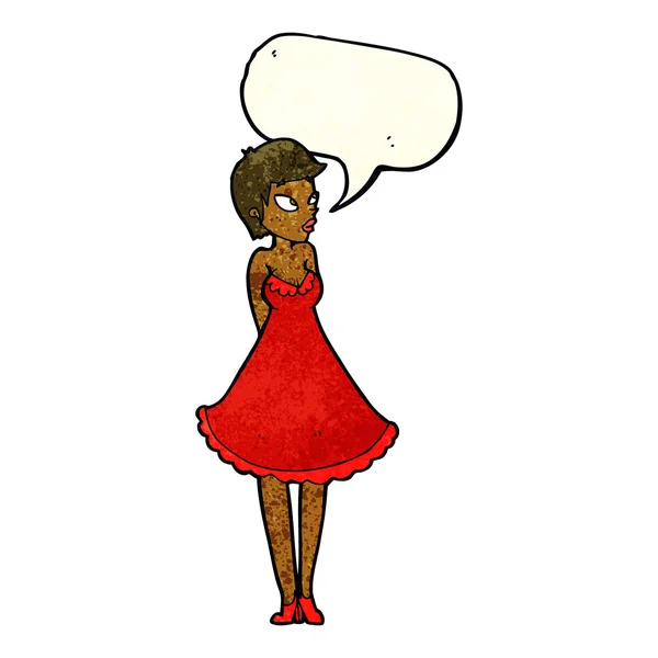 Cartone animato bella donna in abito con bolla discorso — Vettoriale Stock