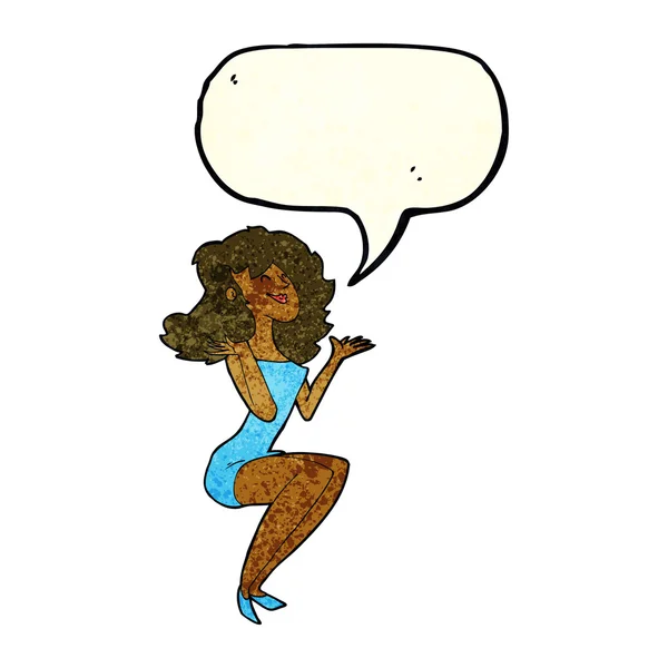 Γελοιογραφία ελκυστική γυναίκα που κάθεται με το συννεφάκι λόγου — Διανυσματικό Αρχείο