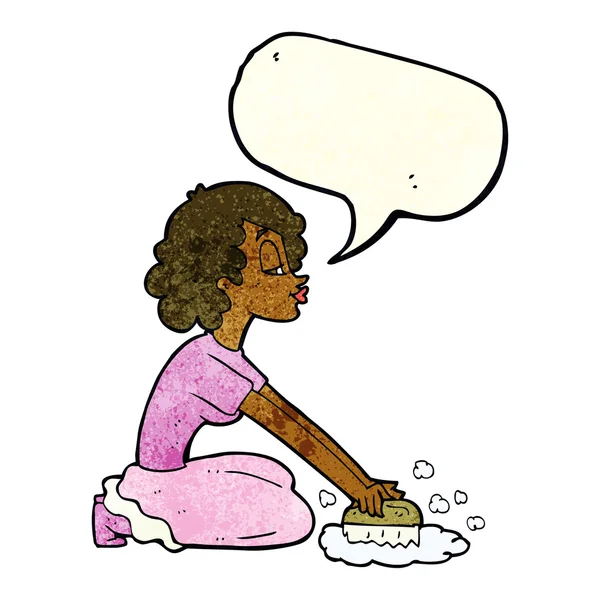 Karikatur Frau schrubbt Boden mit Sprechblase — Stockvektor