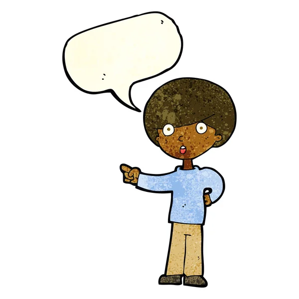 Cartoon pointing boy with speech bubble — Stock Vector