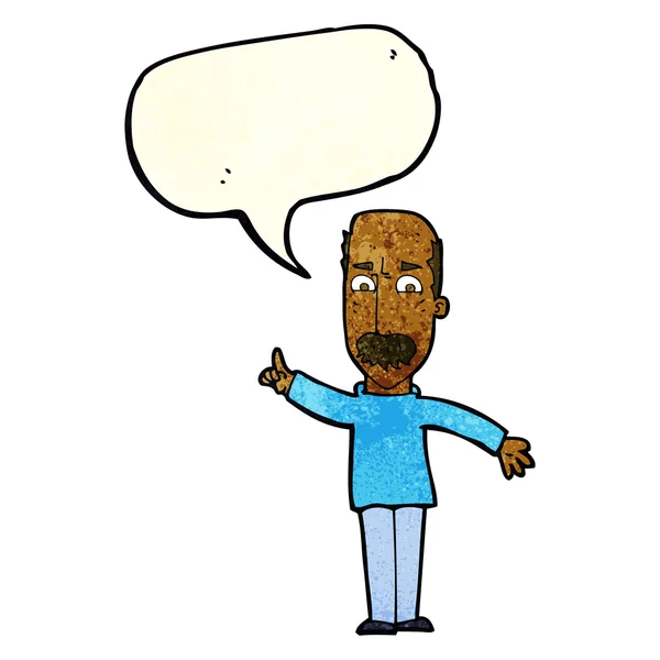 Homem dos desenhos animados emitindo aviso severo com bolha de fala —  Vetores de Stock