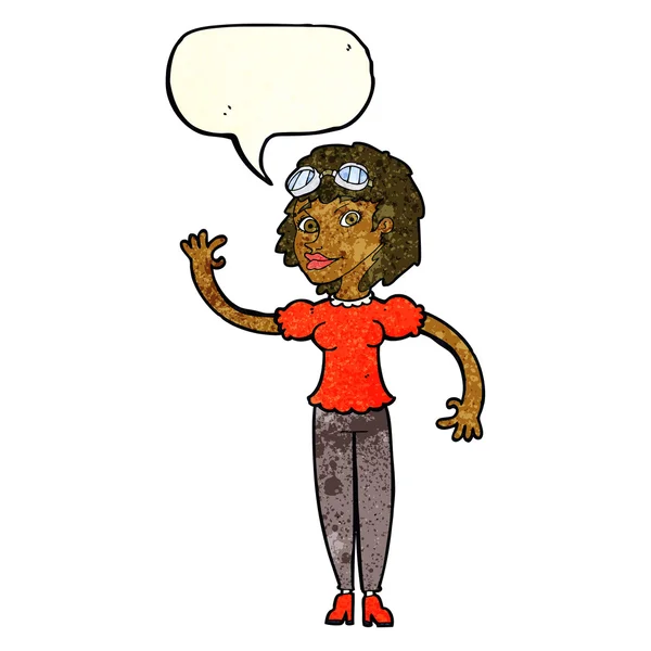 Pilote de dessin animé femme agitant avec bulle de parole — Image vectorielle