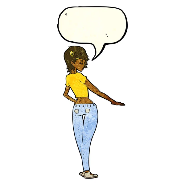 Karikatur hübsches Mädchen in Jeans und T-Shirt mit Sprechblase — Stockvektor