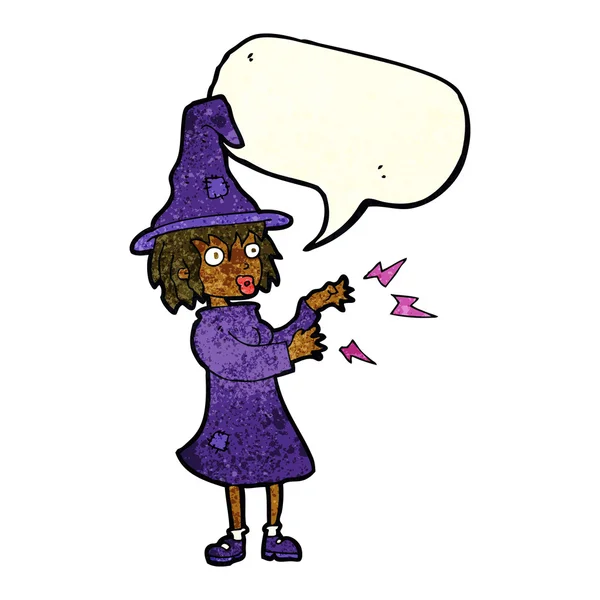 Cartoon witch casting spell with speech bubble — Stock Vector