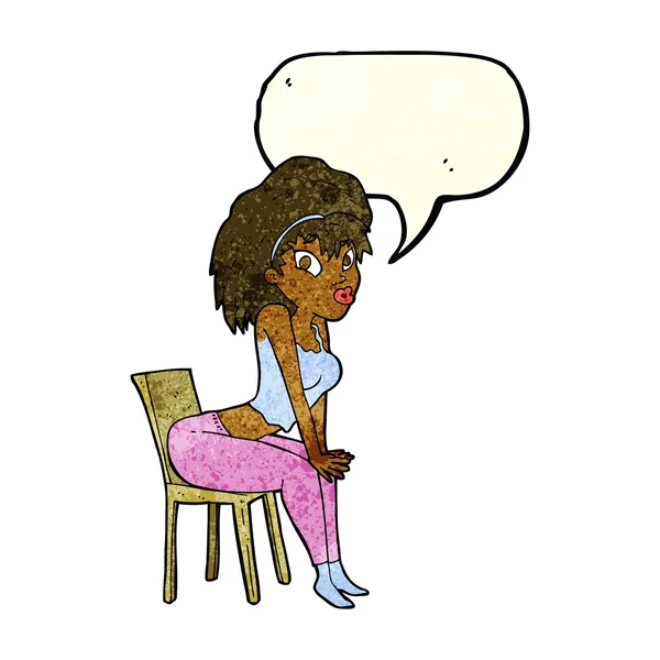 Femme dessin animé posant sur chaise avec bulle de parole — Image vectorielle