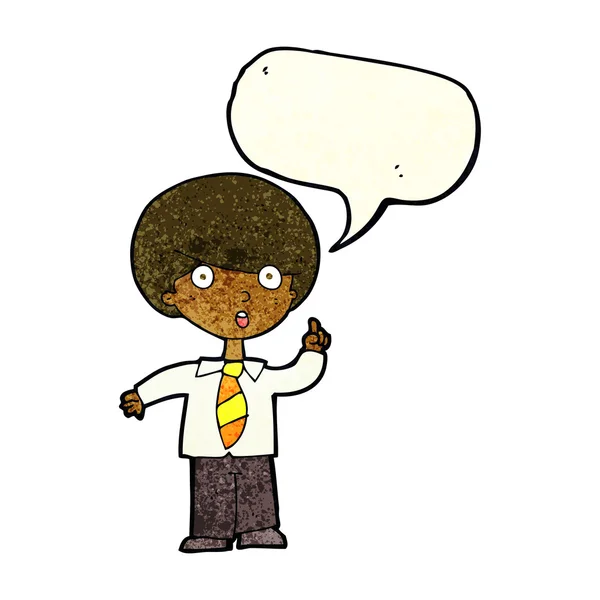 Cartoon school boy answering question with speech bubble — Stock Vector