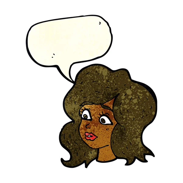 Mulher dos desenhos animados olhando preocupado com bolha de fala — Vetor de Stock