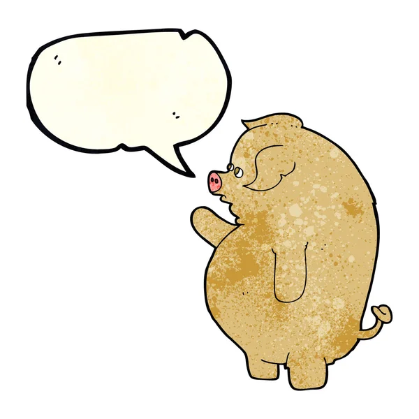 Cartoni animati maiale grasso con la bolla discorso — Vettoriale Stock