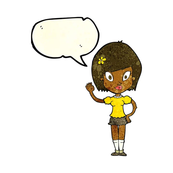 Cartoon mooi meisje zwaaien met spraak zeepbel — Stockvector