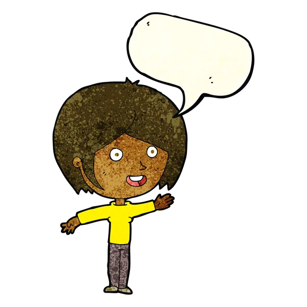 Desenho animado menina feliz acenando com bolha de fala — Vetor de Stock