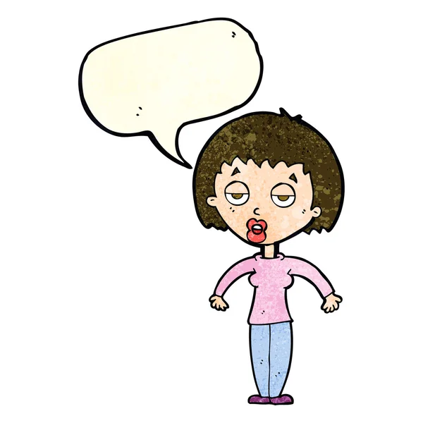 Cartoon woman shrugging shoulders with speech bubble — Stock Vector