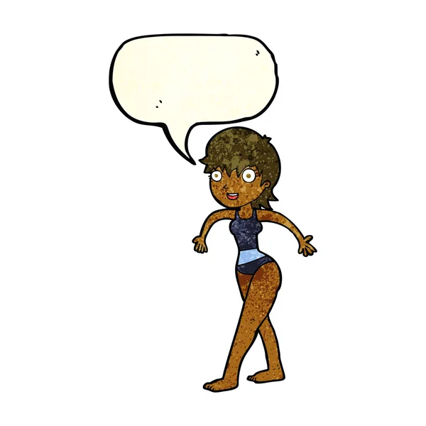 Cartone animato donna felice in costume da bagno con bolla discorso — Vettoriale Stock