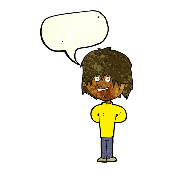 Cartoon gelukkig scruffy jongen met spraak zeepbel — Stockvector