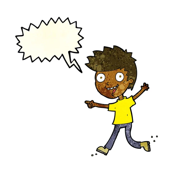 Γελοιογραφία τρελό ενθουσιασμένος αγόρι με το συννεφάκι λόγου — Διανυσματικό Αρχείο