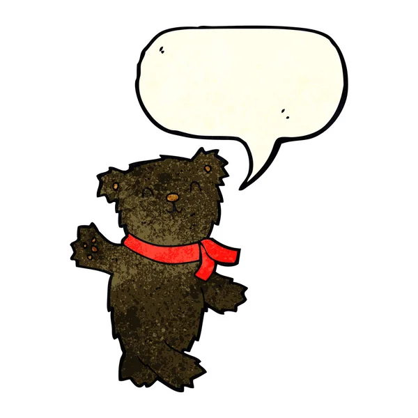 Dibujos animados ondeando oso negro de peluche con burbuja de habla — Vector de stock