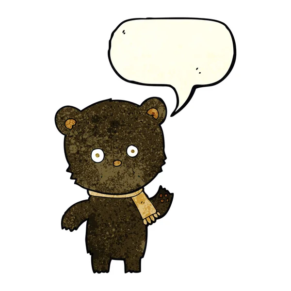 Мультяшний махаючий чорний ведмідь з бульбашкою мовлення — стоковий вектор