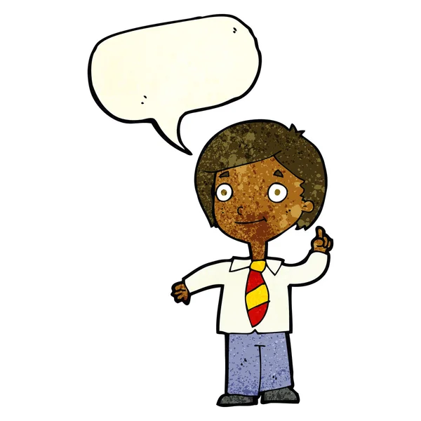 Cartoon school boy answering question with speech bubble — Stock Vector
