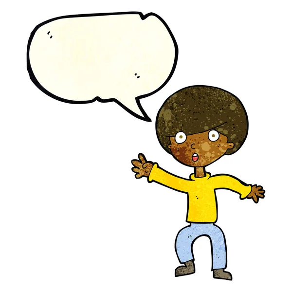 Cartoon em pânico menino com bolha de fala — Vetor de Stock