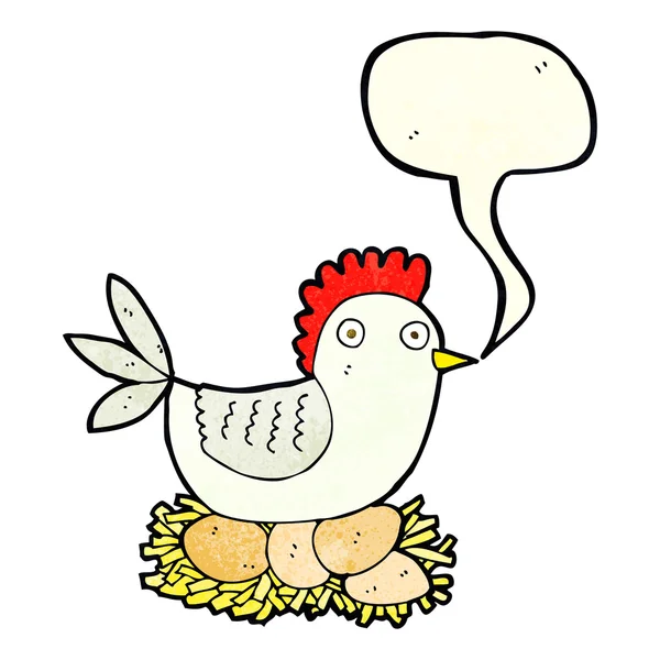 Cartoon hen on eggs with speech bubble — Stock Vector