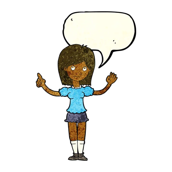 Γυναίκα κινουμένων σχεδίων που εξηγεί την ιδέα με το συννεφάκι λόγου — Διανυσματικό Αρχείο