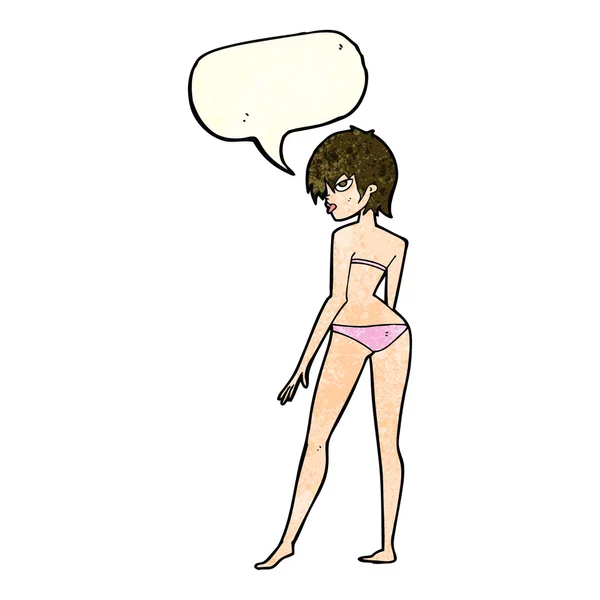 Mujer de dibujos animados en bikini con burbuja del habla — Vector de stock