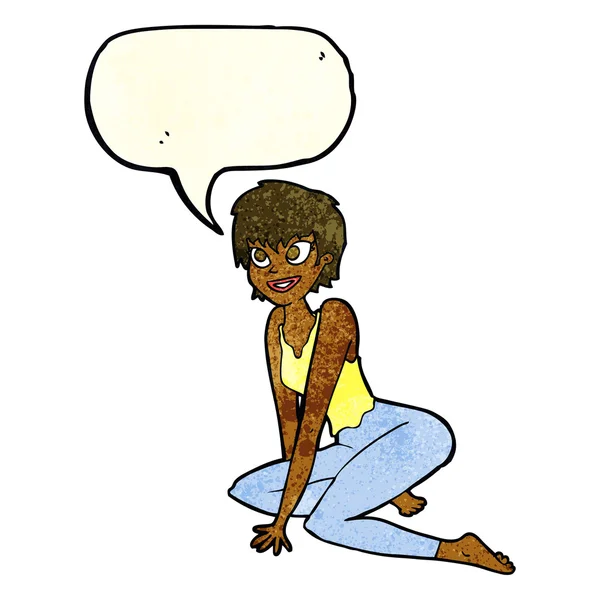 Kreskówki szczęśliwa kobieta siedzi na podłodze z bańki mowy — Wektor stockowy