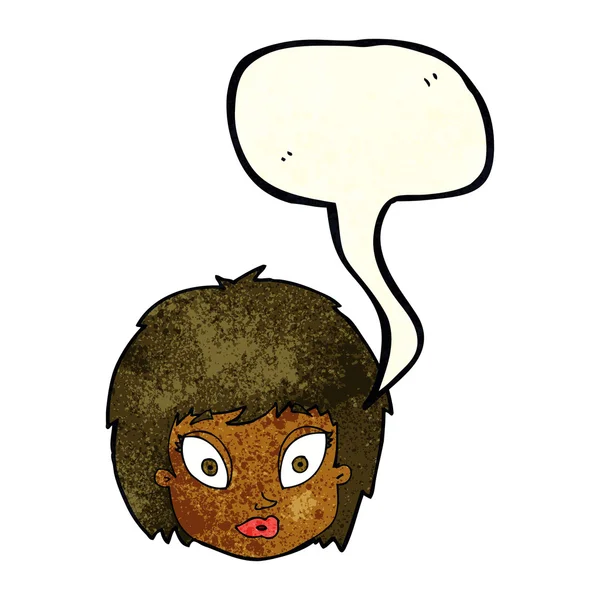 Desenho animado surpreendido rosto feminino com bolha de fala — Vetor de Stock