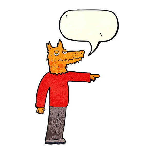 Cartoon fox man wijzen met tekstballon — Stockvector