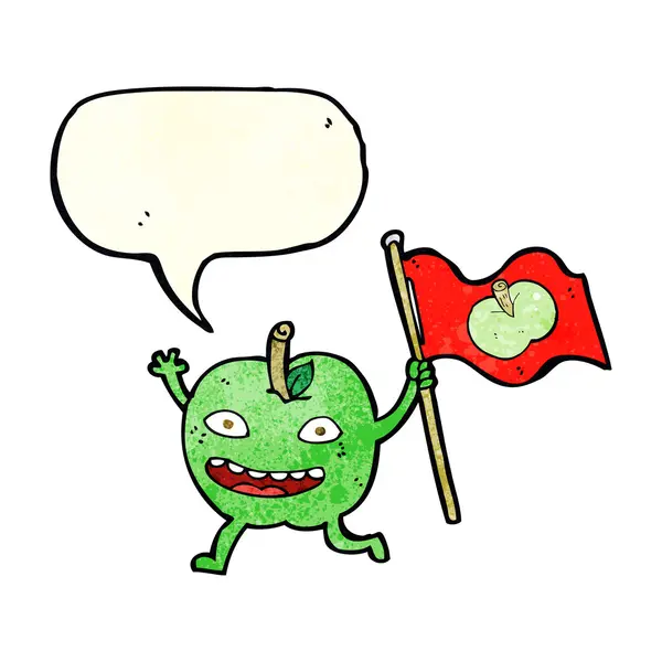 Manzana de dibujos animados con bandera con burbuja de habla — Vector de stock