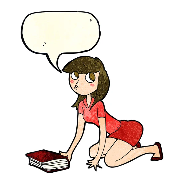 Fumetto ragazza raccogliendo libro con discorso bolla — Vettoriale Stock