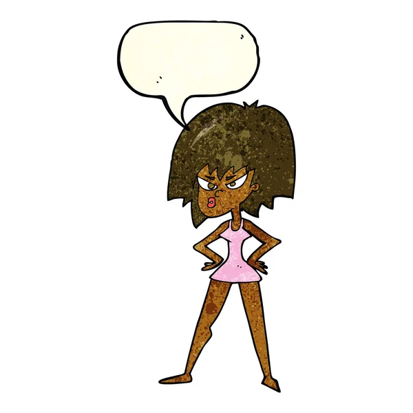 Dibujos animados mujer enojada en vestido con burbuja de habla — Archivo Imágenes Vectoriales