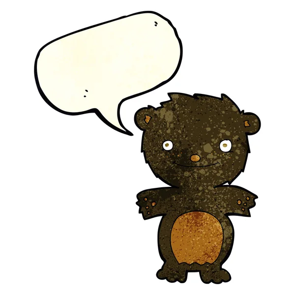 Karikatur glücklicher kleiner Schwarzbär mit Sprechblase — Stockvektor