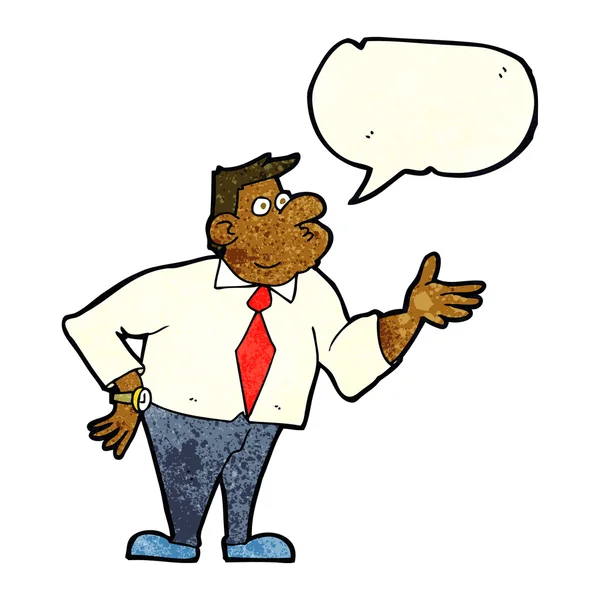 Hombre de negocios de dibujos animados haciendo una pregunta con burbuja de habla — Archivo Imágenes Vectoriales