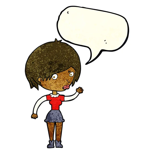 Desenho animado acenando mulher com bolha de fala — Vetor de Stock
