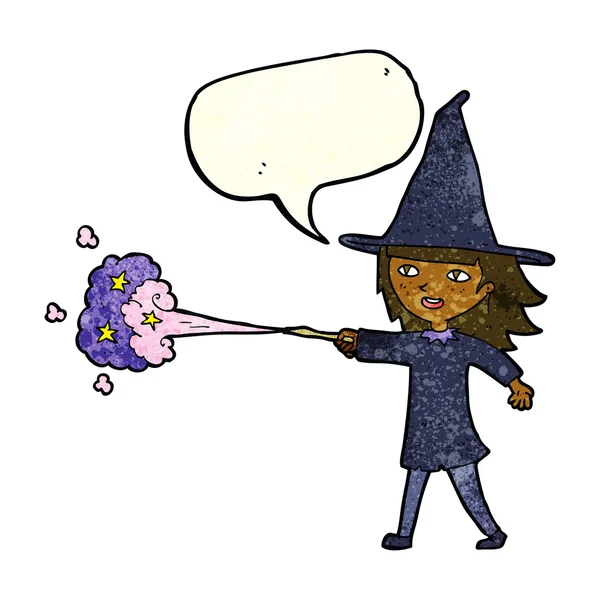 Dessin animé sorcière fille casting sort avec bulle de parole — Image vectorielle
