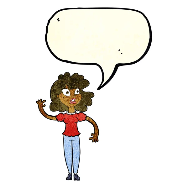 Γελοιογραφία ανησυχούν γυναίκα κουνώντας με το συννεφάκι λόγου — Διανυσματικό Αρχείο