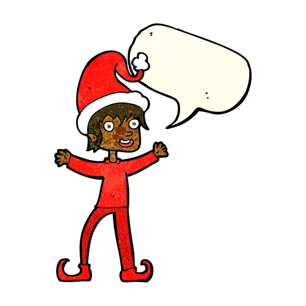 Kreslený nadšený vánoční skřítek s bublinou řeči — Stockový vektor