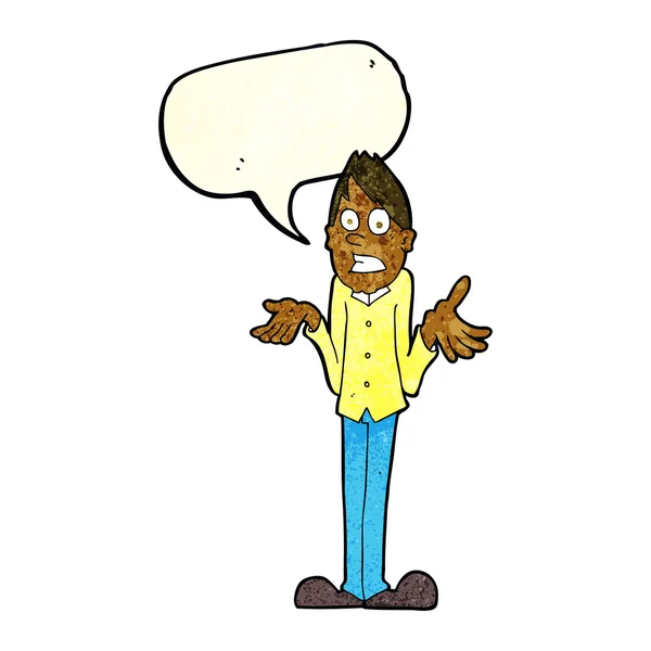 Uomo dei cartoni animati scuotendo le spalle con la bolla discorso — Vettoriale Stock