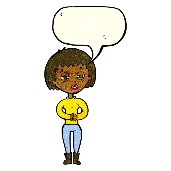 Καρτούν κουρασμένη γυναίκα με φούσκα ομιλία — Διανυσματικό Αρχείο