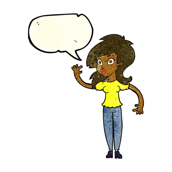 Cartoon mooie vrouw zwaaien met spraak zeepbel — Stockvector
